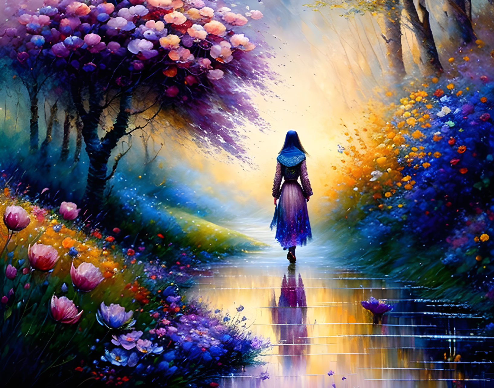 Colorful Path Surrounded by Vibrant Flowers and Trees