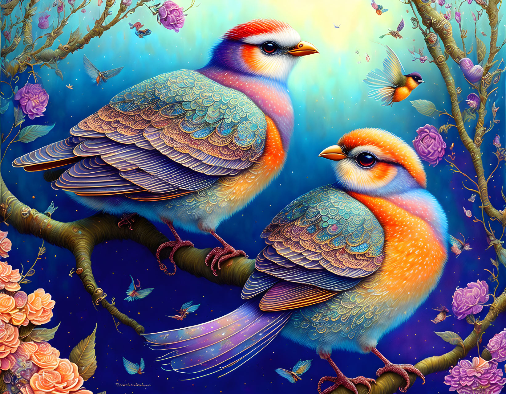 Vibrant illustration of ornate birds on branch with blossoms