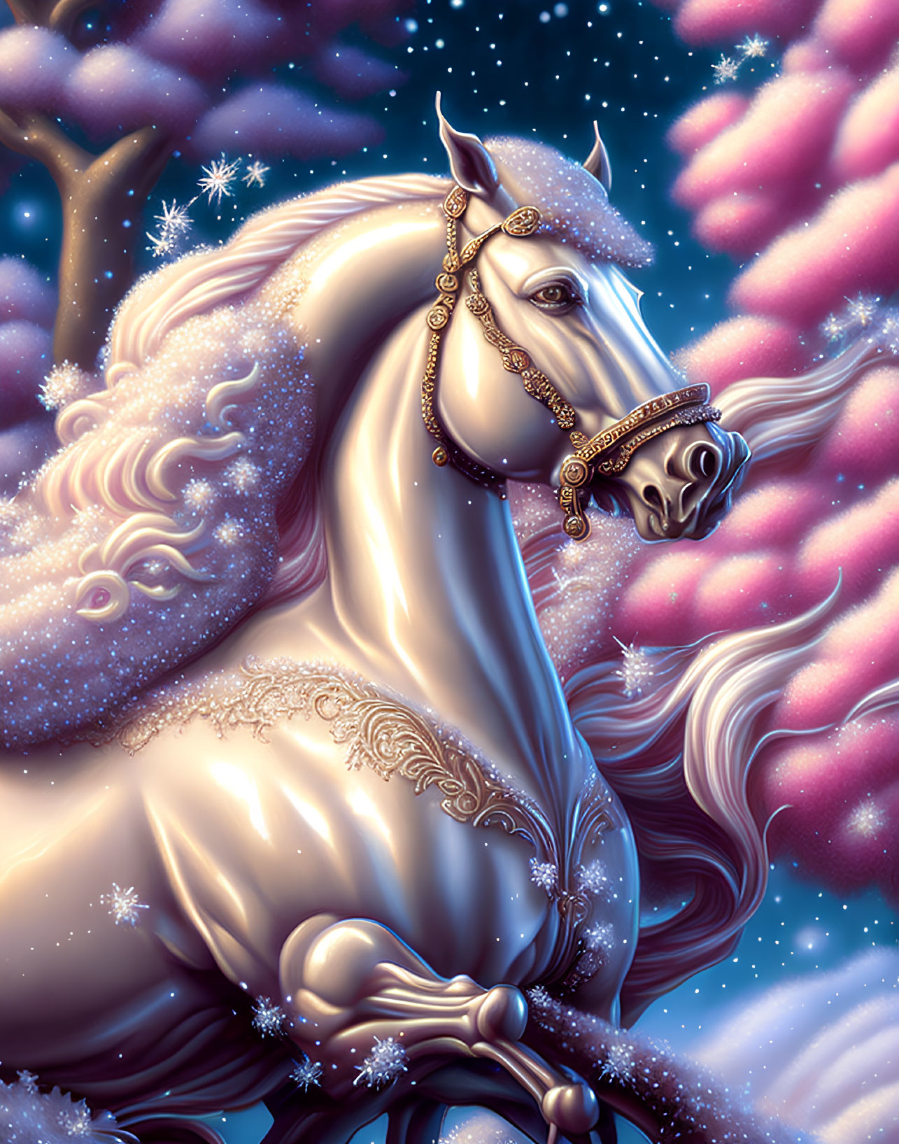 White Horse with Golden Jewelry in Cosmic Setting