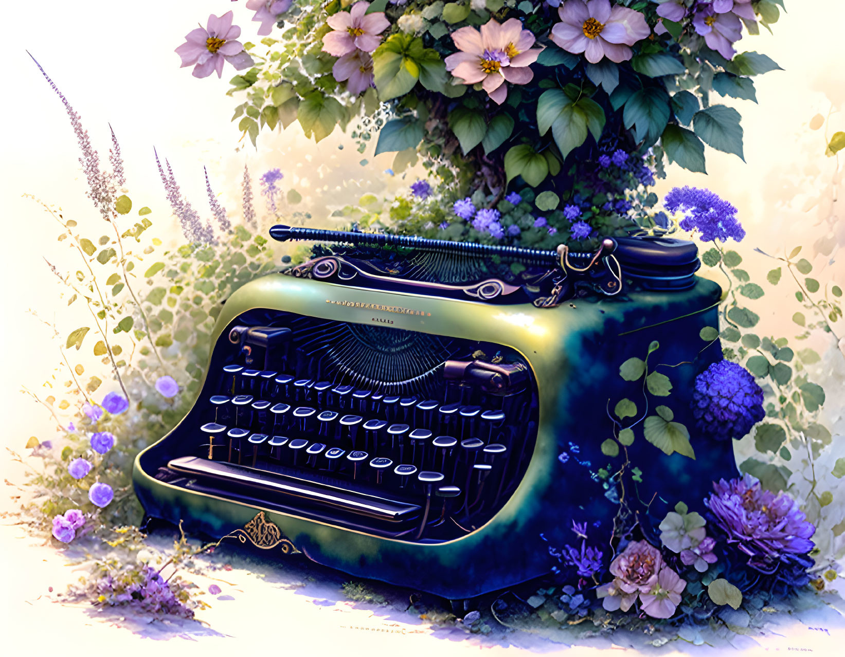 Vintage Teal Typewriter with Floral Motif Among Purple and Green Flowers