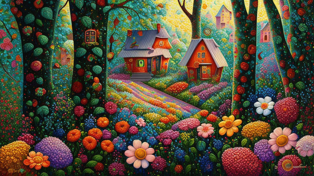 Vibrant Flower-Filled Landscape with Whimsical Houses