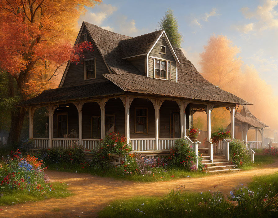 Charming wooden house with autumn trees and colorful flowers