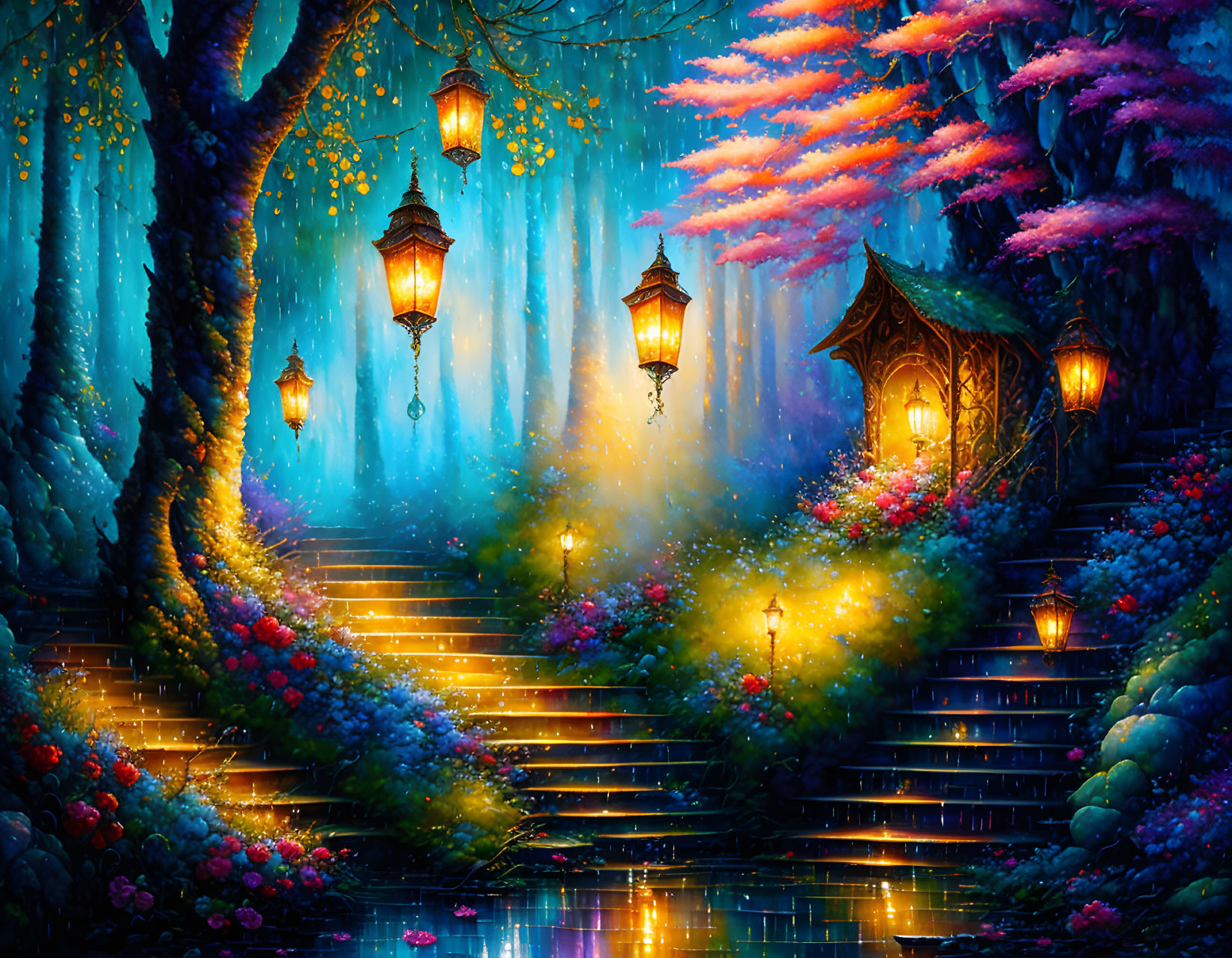 Vibrant night scene with lit lanterns, colorful trees, and luminous flowers by water path