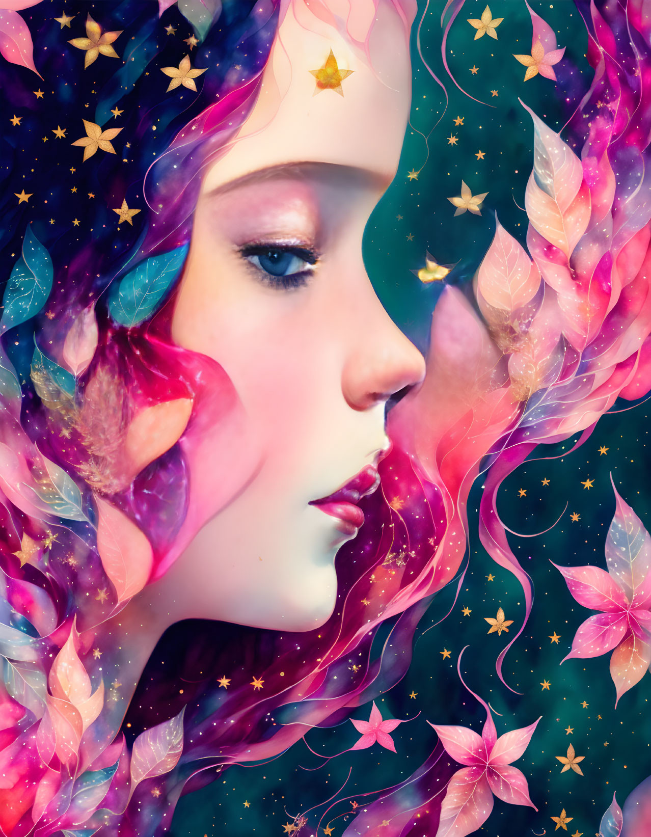 Vibrant digital art: Woman's profile with cosmic background