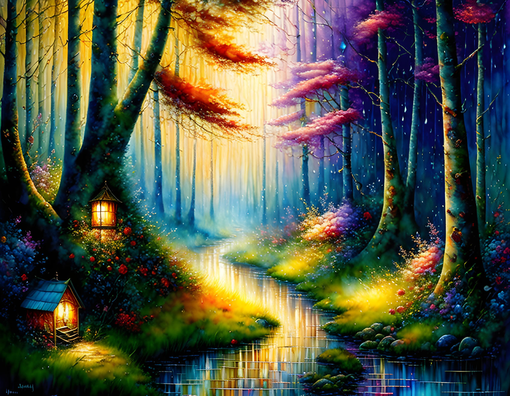 Enchanted forest with glowing path, colorful flora, lantern-lit cottage