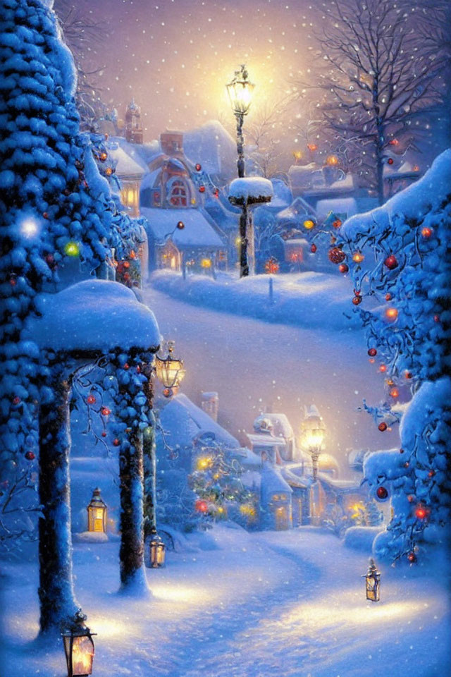 Snow-covered trees, festive lights, and glowing lamps in a winter twilight scene