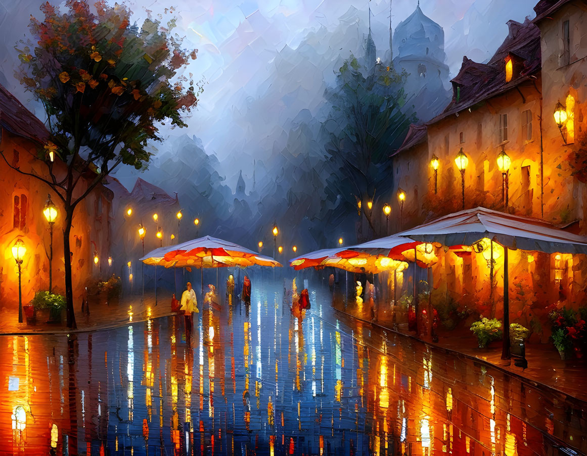 Impressionistic painting of rainy cobblestone street