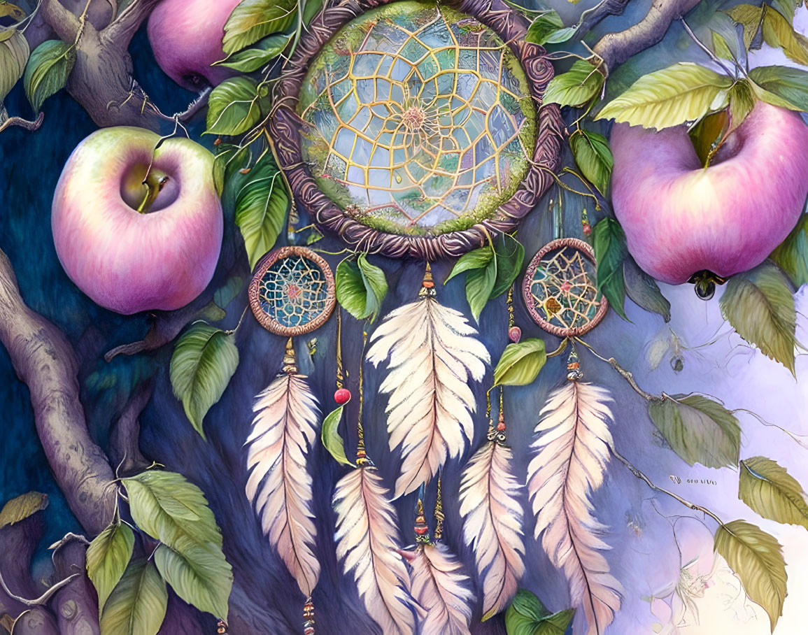 Vibrant dreamcatchers and apples on whimsical purple backdrop