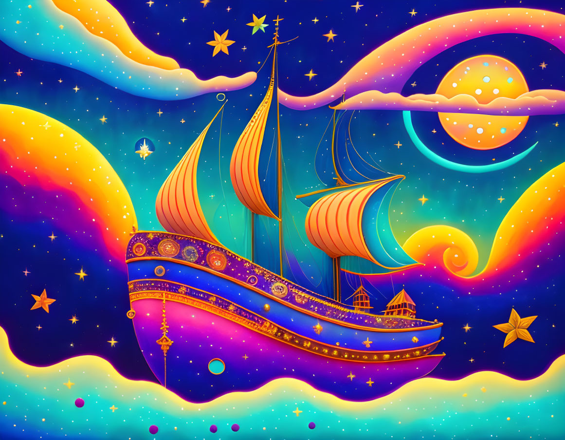 Colorful Illustration of Whimsical Ship Sailing Through Celestial Cosmos