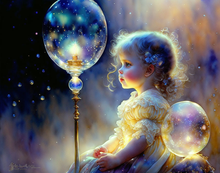 Curly-Haired Child Gazing at Glowing Star-Filled Bubbles