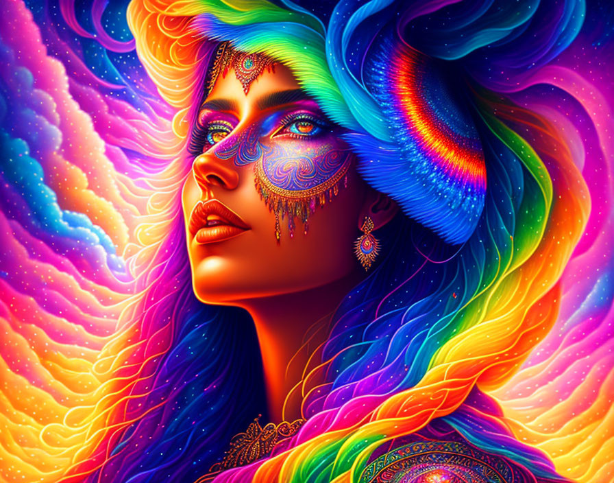 Colorful digital artwork of woman with flowing hair and mystical aura