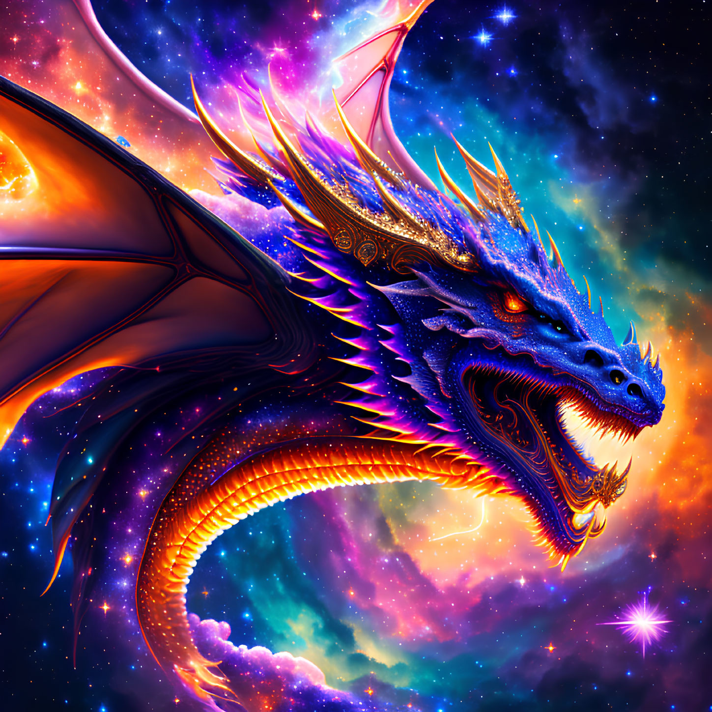 Blue dragon digital artwork with golden details in cosmic setting