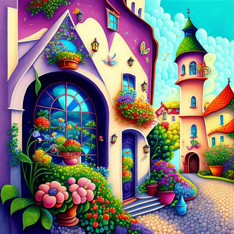 Colorful painting: Whimsical village with stylized houses, flowers, and butterflies