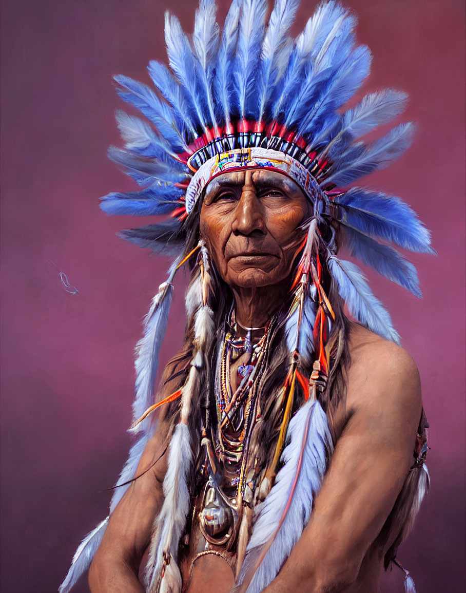 Native American Individual in Traditional Headdress with White and Blue Feathers on Purple Background