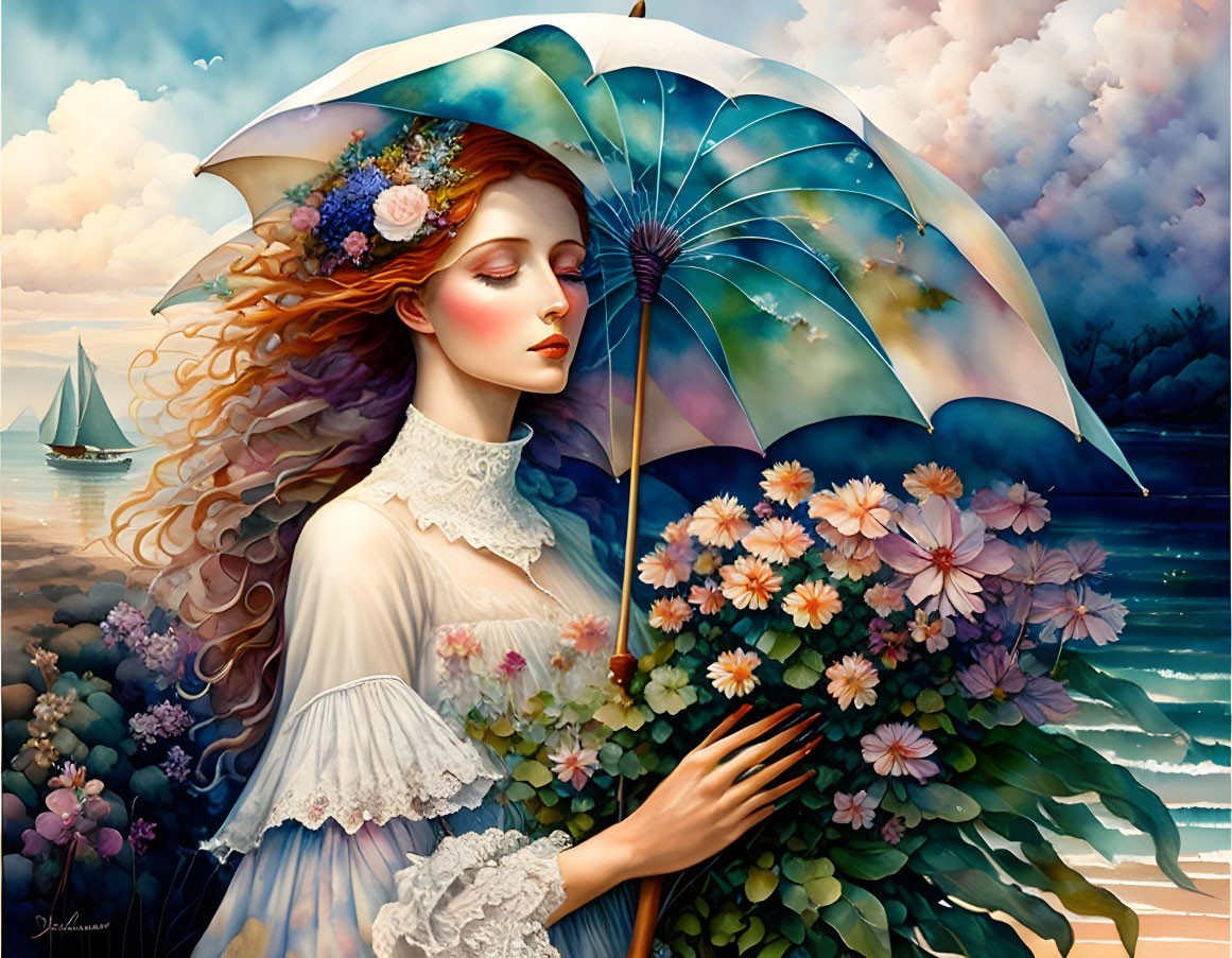 Red-haired woman with umbrella in floral sea scene