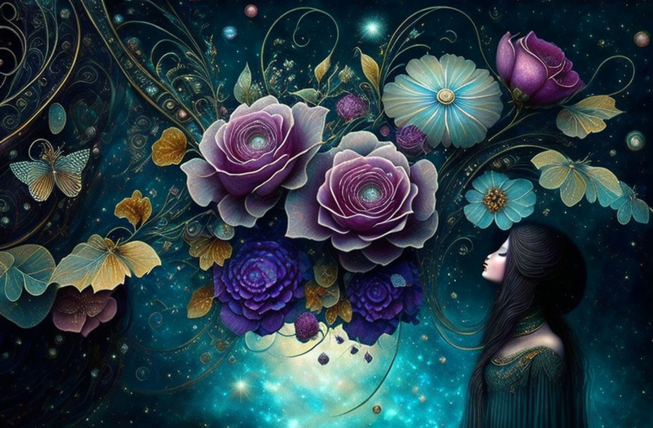 Woman surrounded by vibrant flowers, butterflies, and celestial accents on dark starry background