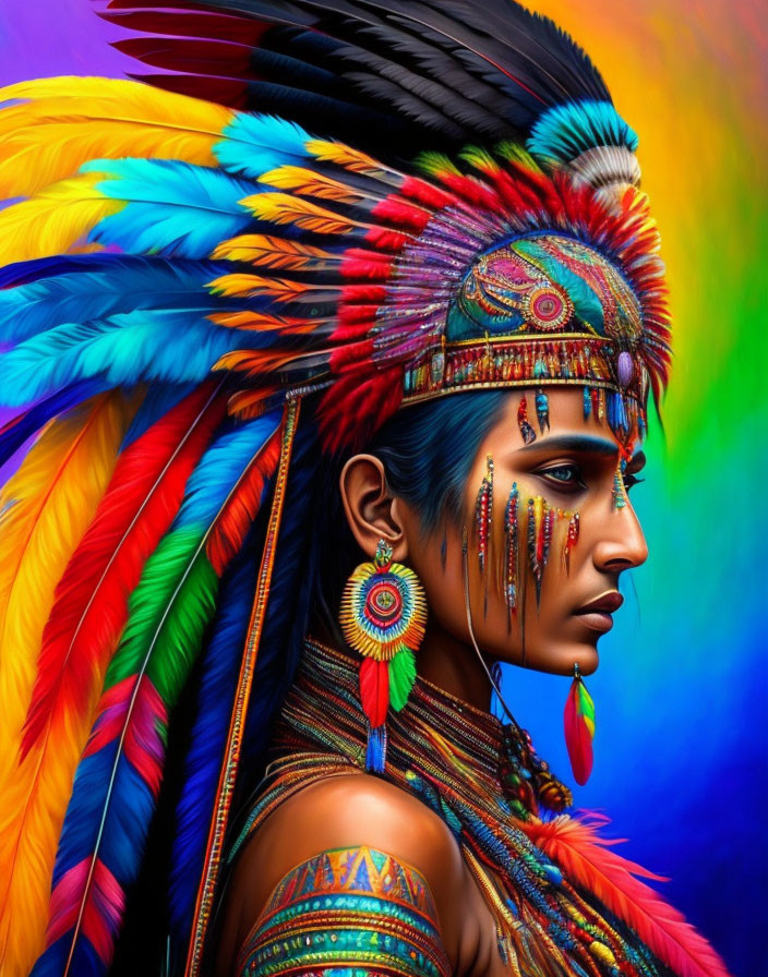 Vibrant person with feather headdress and face paint on rainbow background