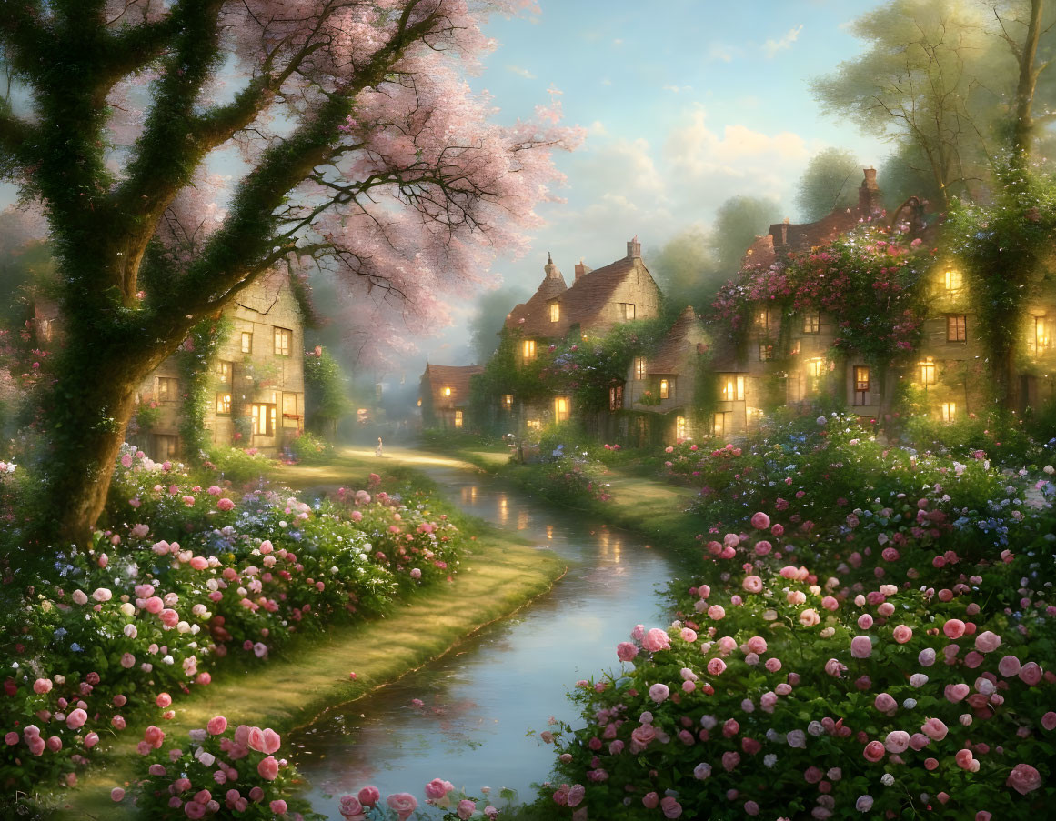 Tranquil Twilight Scene: Blossoming village with illuminated cottages and meandering stream