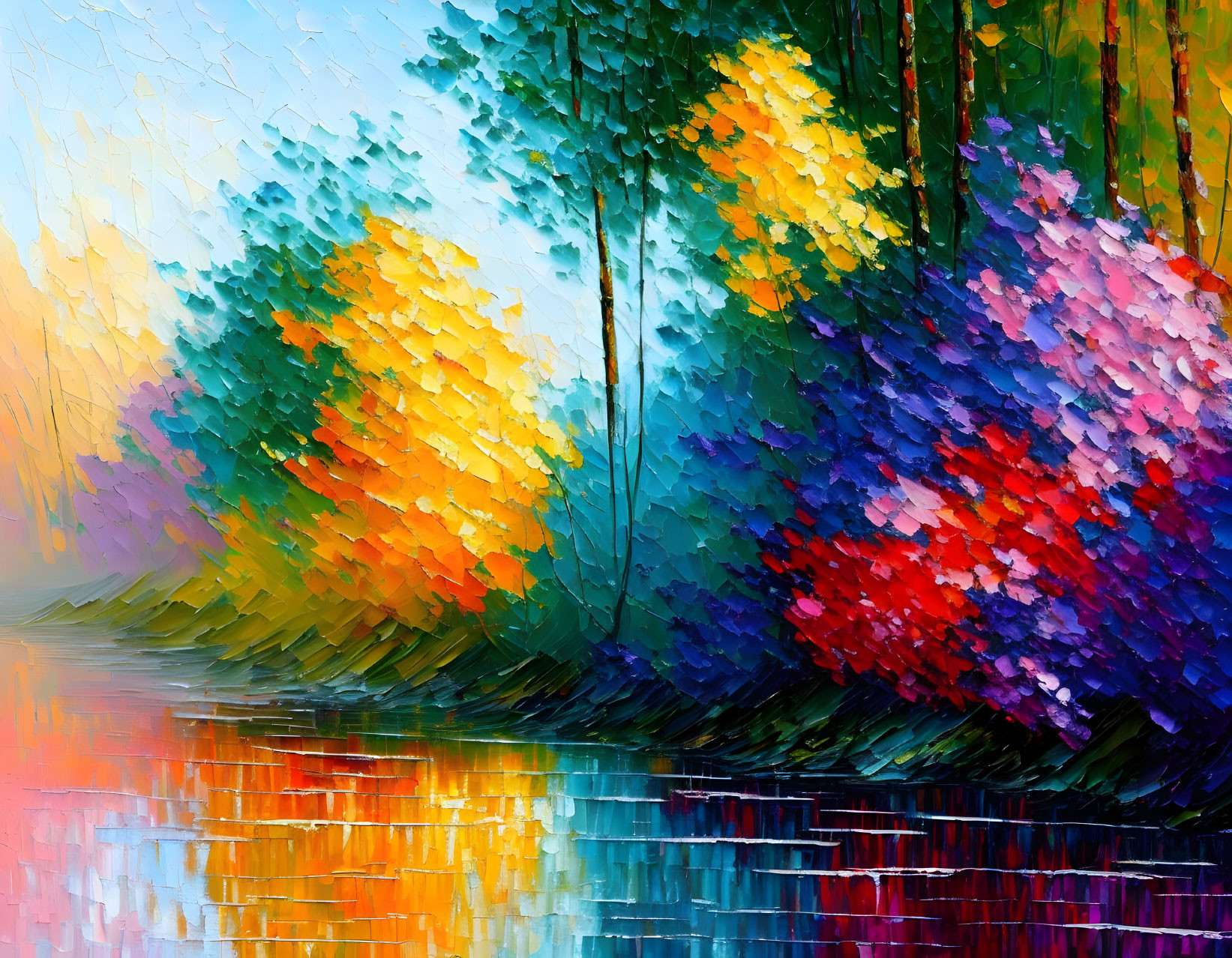 Vibrant impressionistic painting of autumn trees reflecting on water