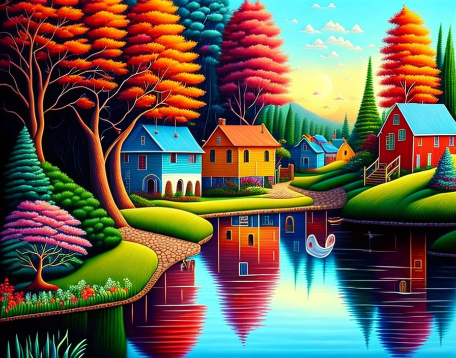 Vibrant artwork of picturesque village with autumn trees and setting sun