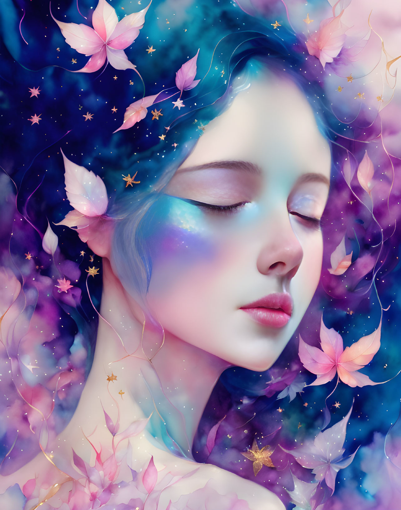 Galaxy-Themed Woman Surrounded by Pink Flowers and Stars