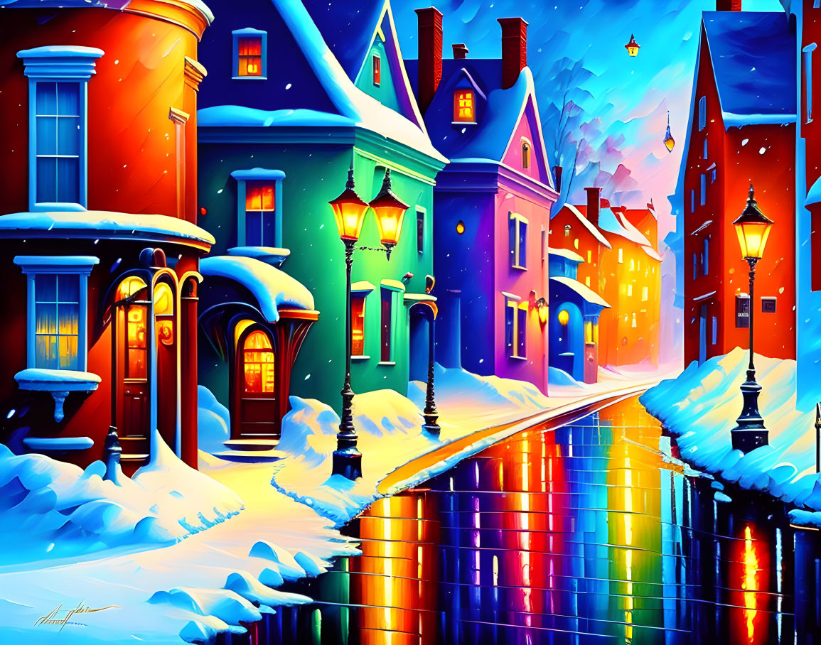 Snowy street with colorful houses and glowing street lamps at twilight