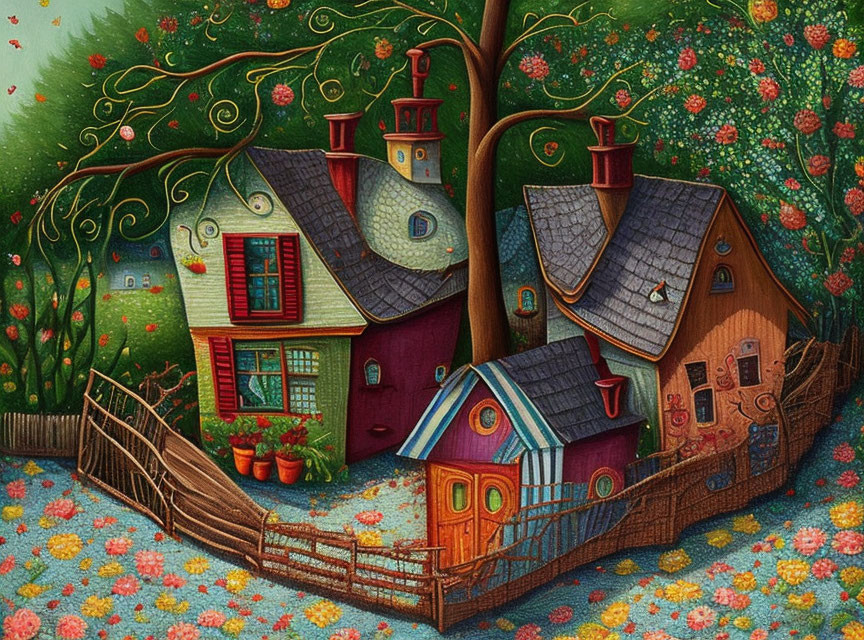 Colorful Whimsical Illustration of Stylized Houses and Trees