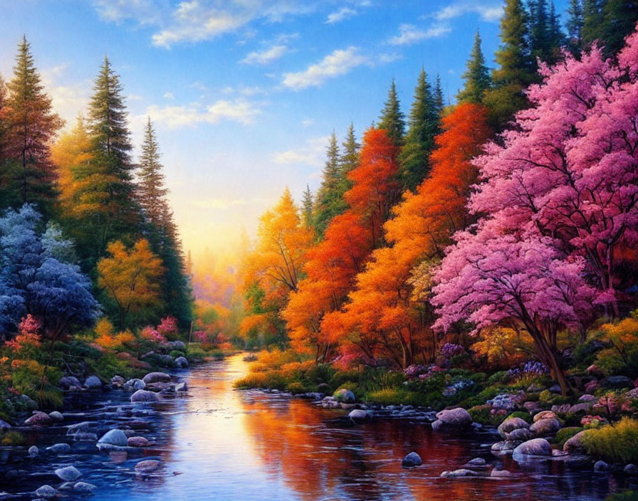 Colorful Forest Painting: Serene River & Autumn Trees