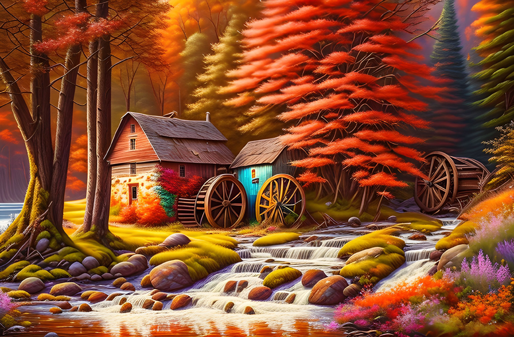 Autumn Watermill Amid Vibrant Fall Foliage