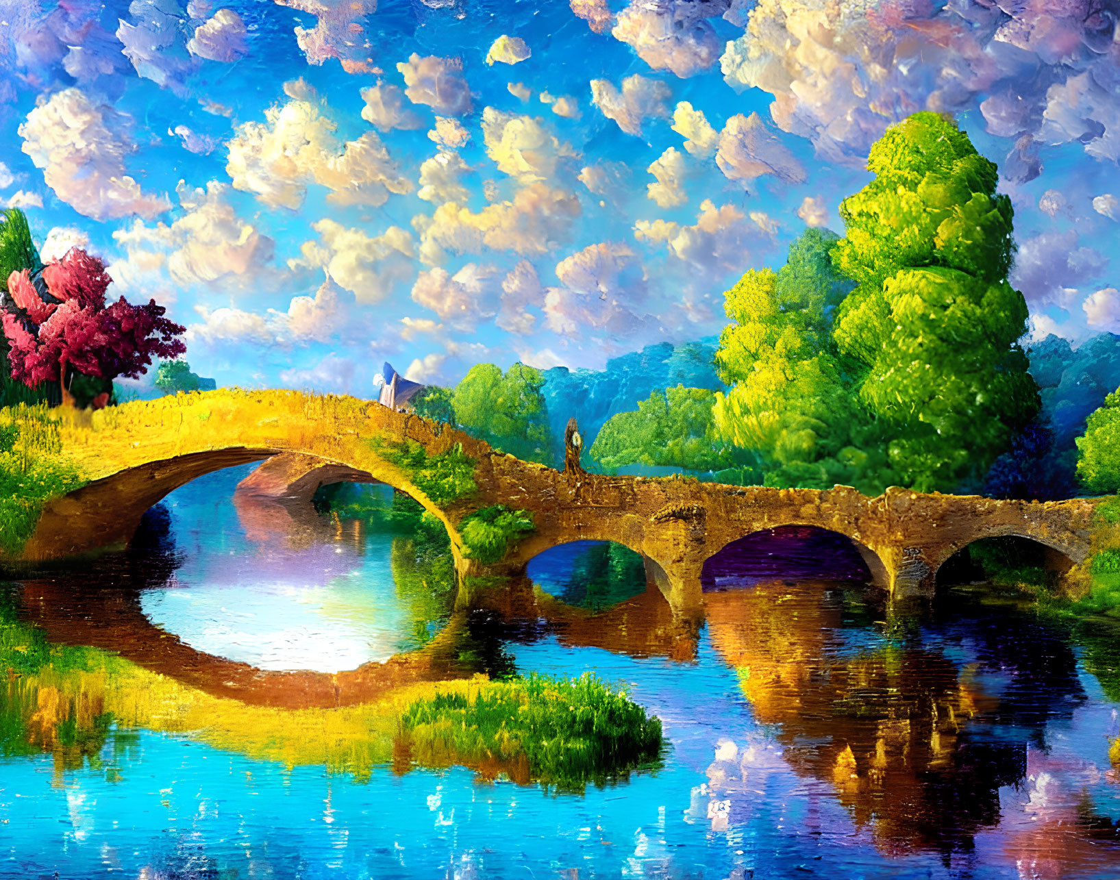 Serene oil painting: old stone bridge, lush greenery, blooming trees, distant windmill