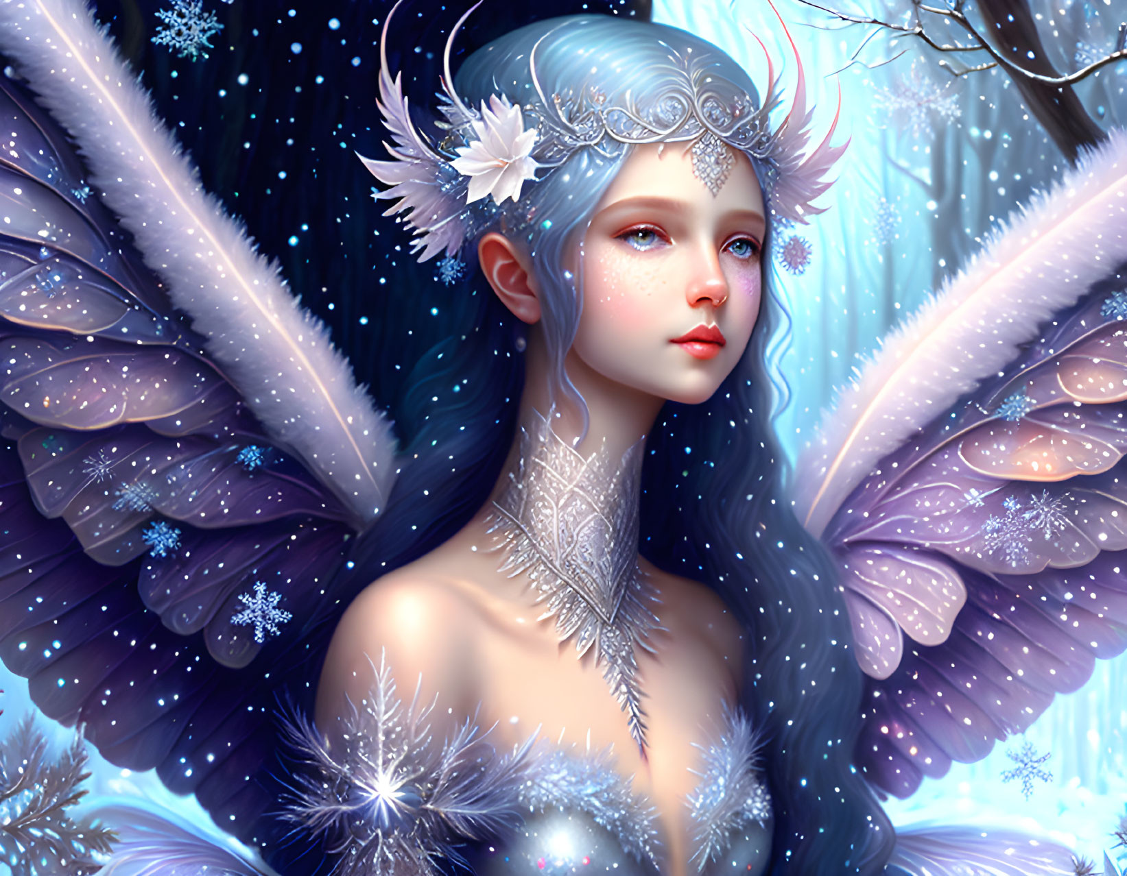 Iridescent Winged Figure with Winter Theme and Frost Patterns