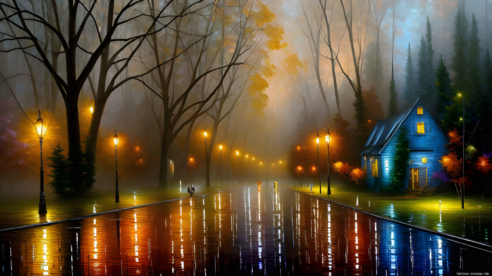 Tranquil night scene with lighted pathway to cozy blue house surrounded by misty autumn trees.