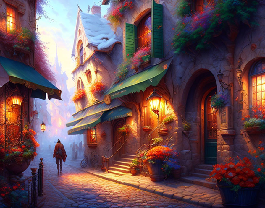 Colorful cobblestone alley with ivy-draped buildings and glowing lanterns