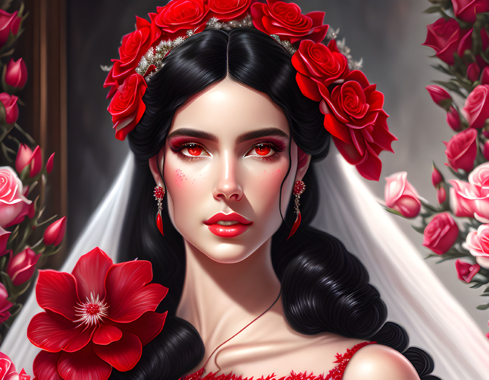 Digital portrait of woman with floral crown and red blossoms, elegant veil, striking makeup, set against