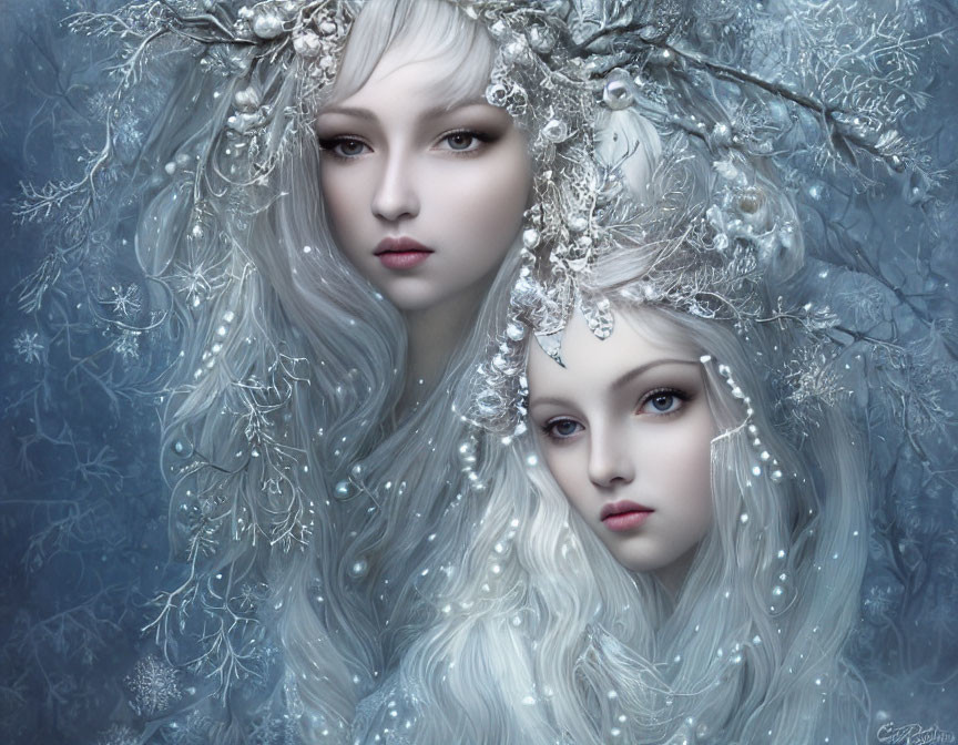 Ethereal women with pale features and white hair in silver floral adornments