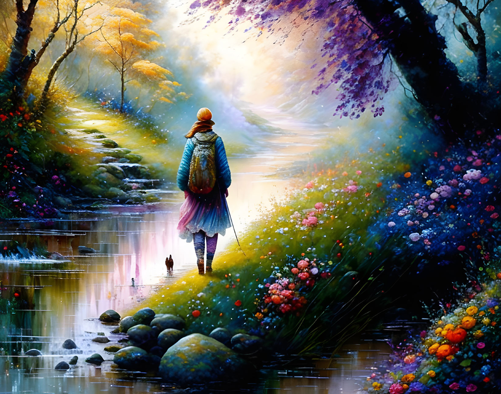 Backpacker walking by flower-lined stream in mystical forest