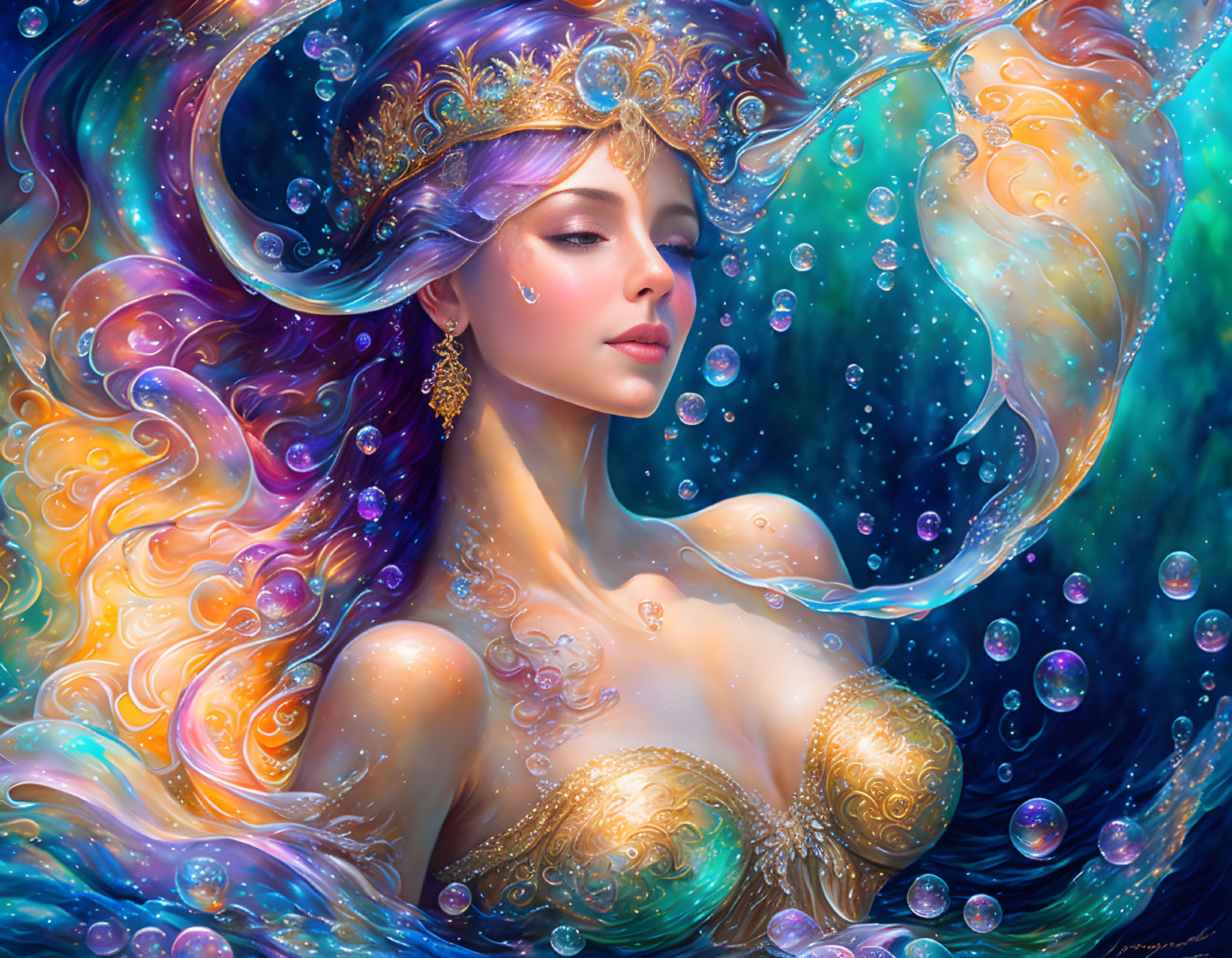 Ethereal woman with decorative crown in colorful bubble-filled scene