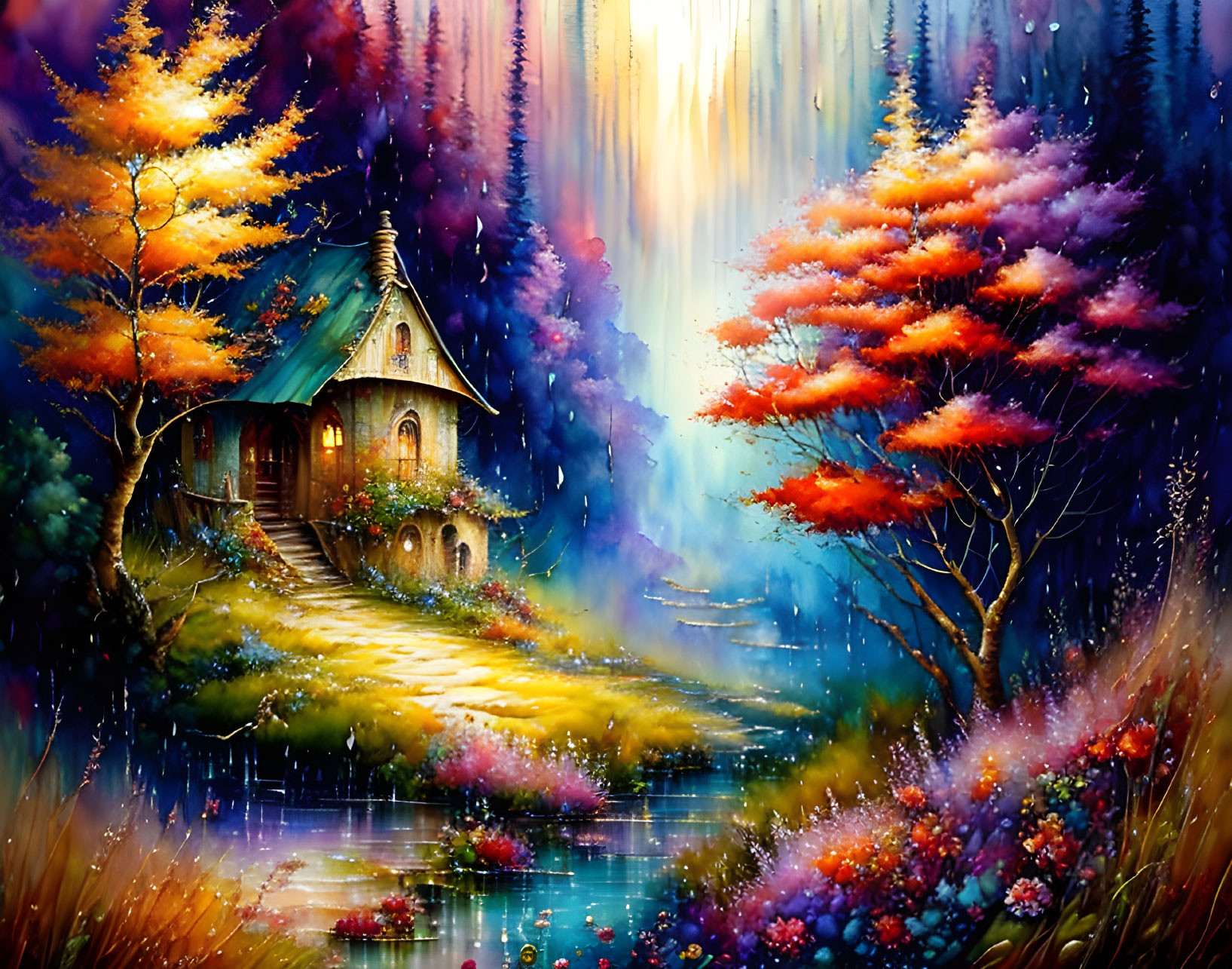 Colorful painting of whimsical cottage in nature with light, path, and river.