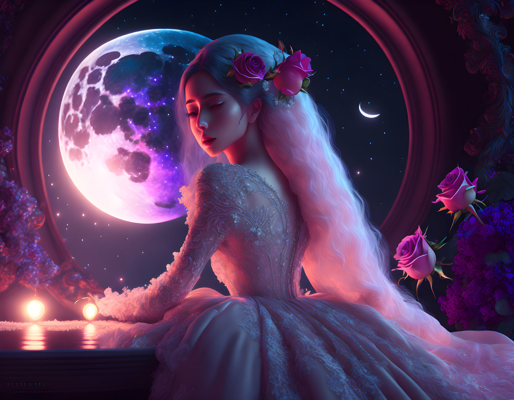 Woman with flowing hair and roses gazes at large moon in moonlit scene