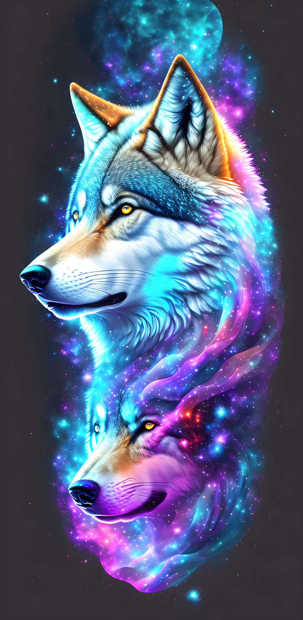 Vibrant digital art: Two wolves in cosmic, neon palette