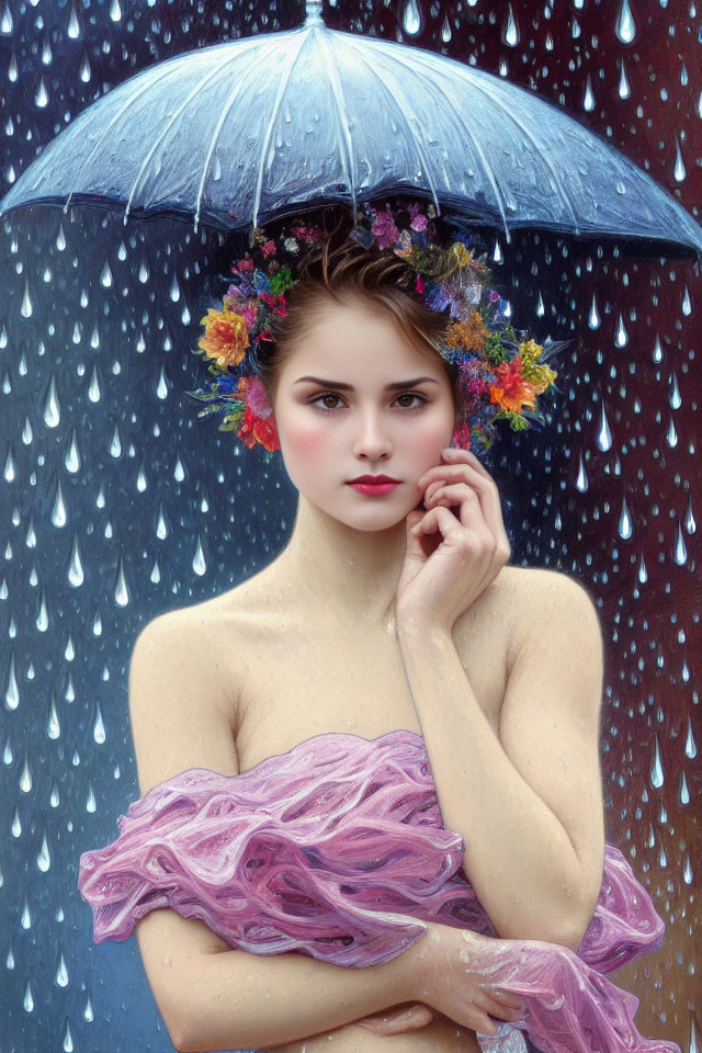 Woman with flower wreath holding umbrella in rain under pink fabric.