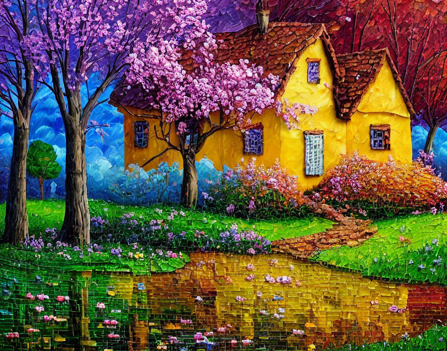 Colorful painting of whimsical yellow cottage surrounded by pink blooming trees and lush greenery near tranquil