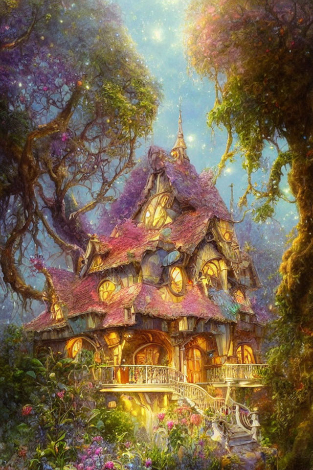 Enchanting fairy-tale cottage in lush, magical forest