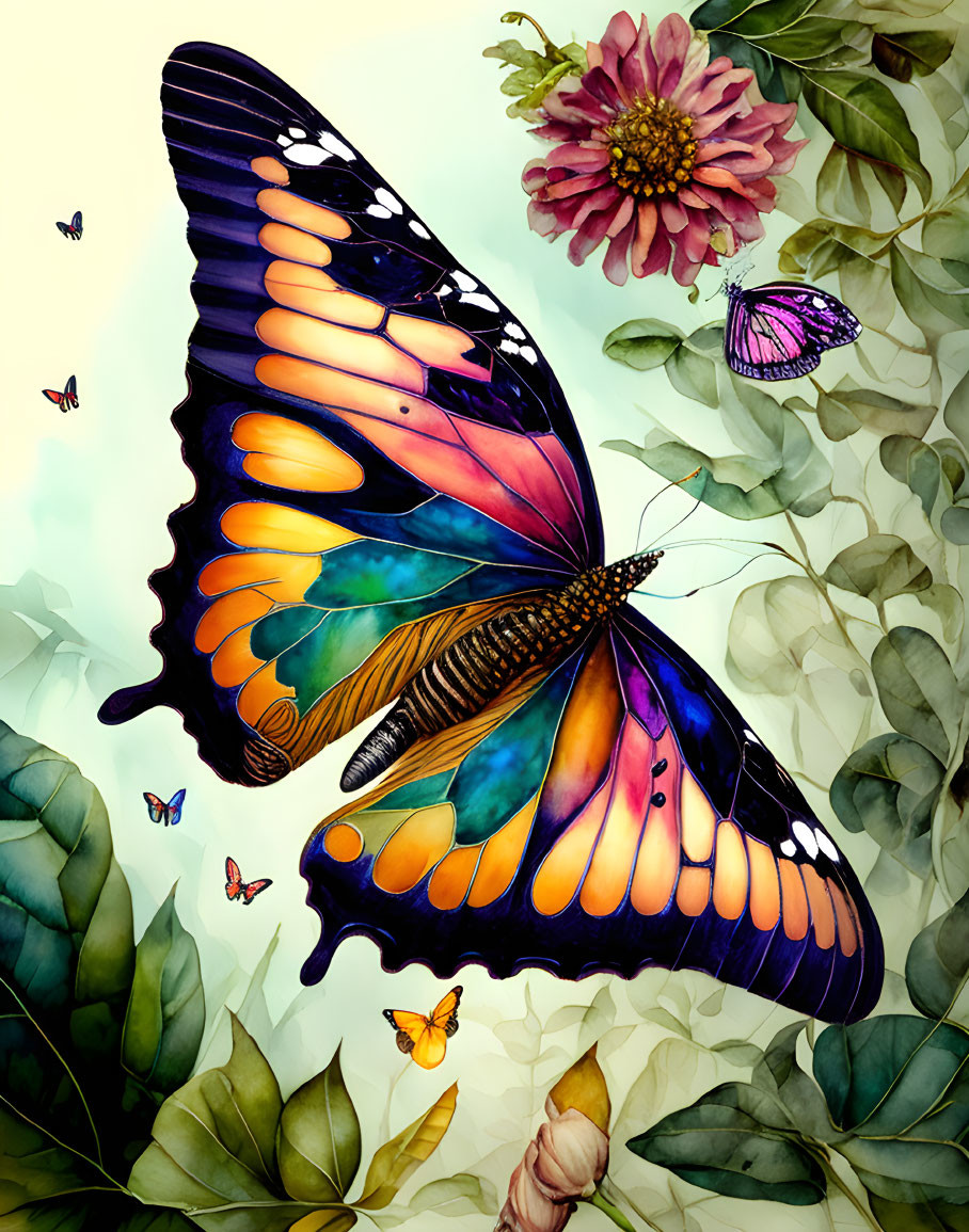 Colorful Butterfly Artwork with Lush Greenery on Light Background