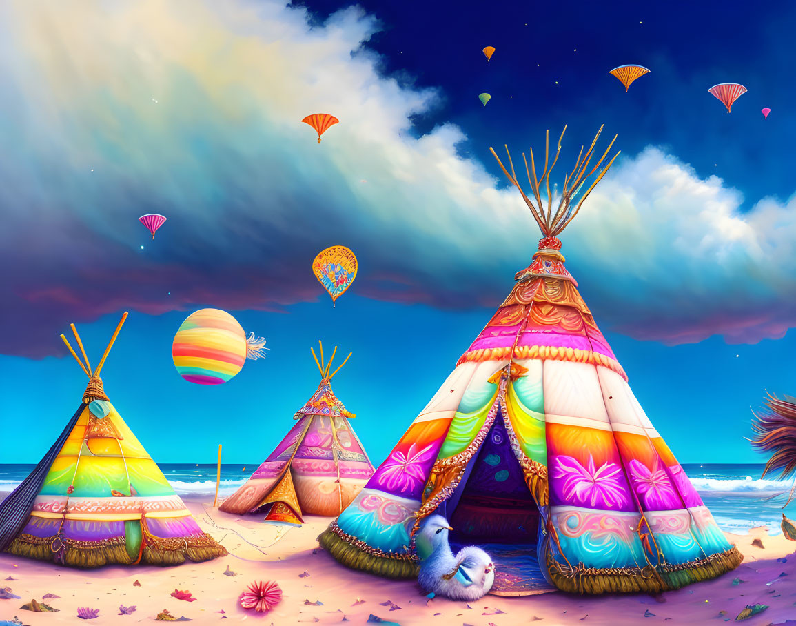 Vibrant teepees on beach with unicorn and hot air balloons