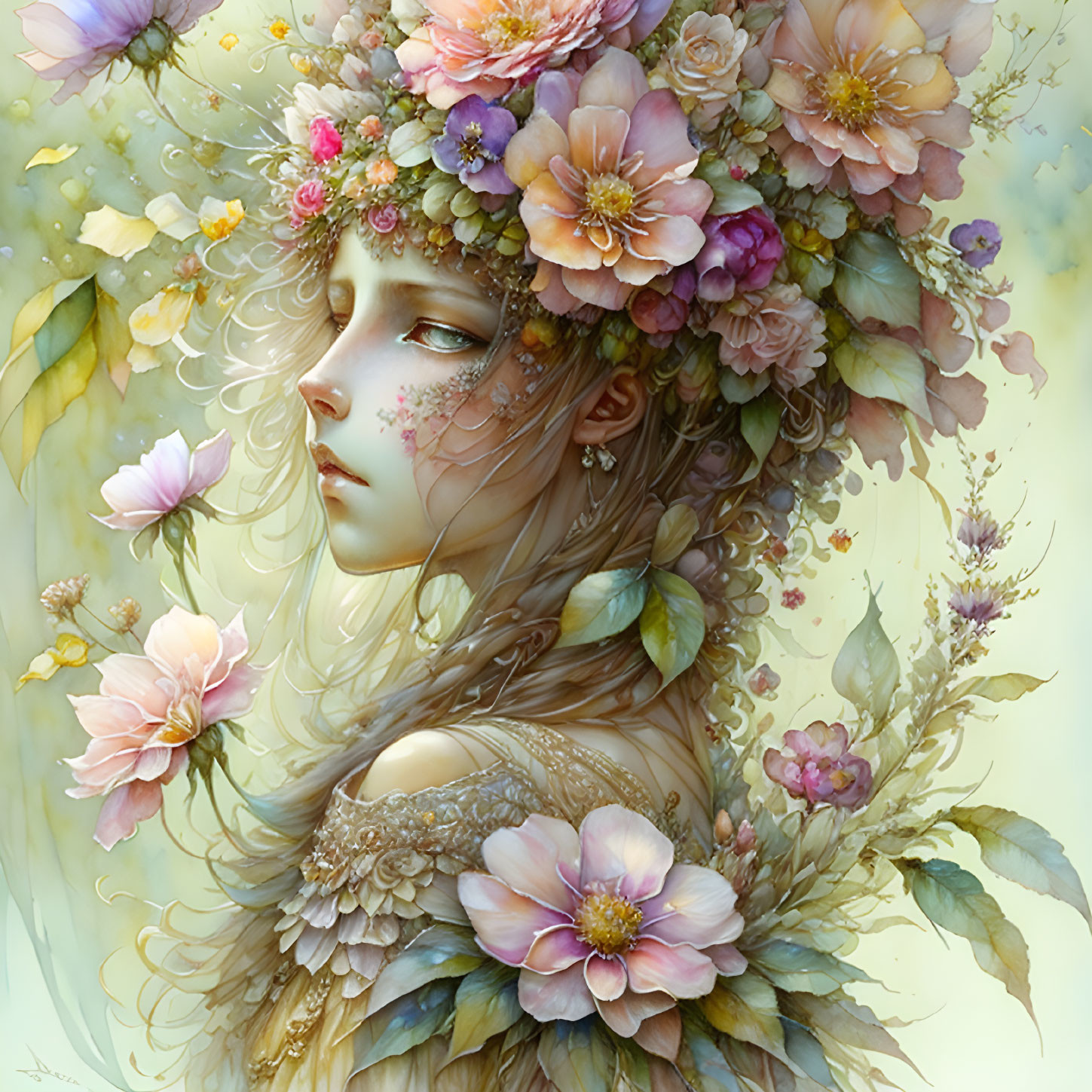 Ethereal artwork of woman with pastel flowers in hair & attire