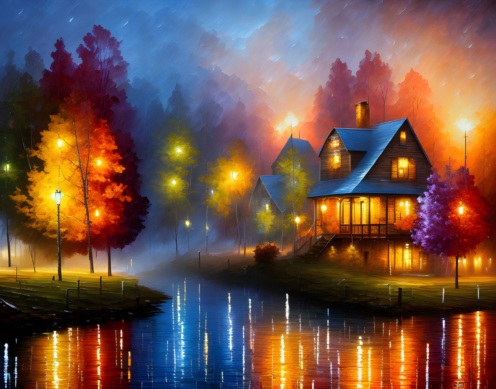 Colorful Lakeside Scene with Illuminated Trees and Cozy Houses