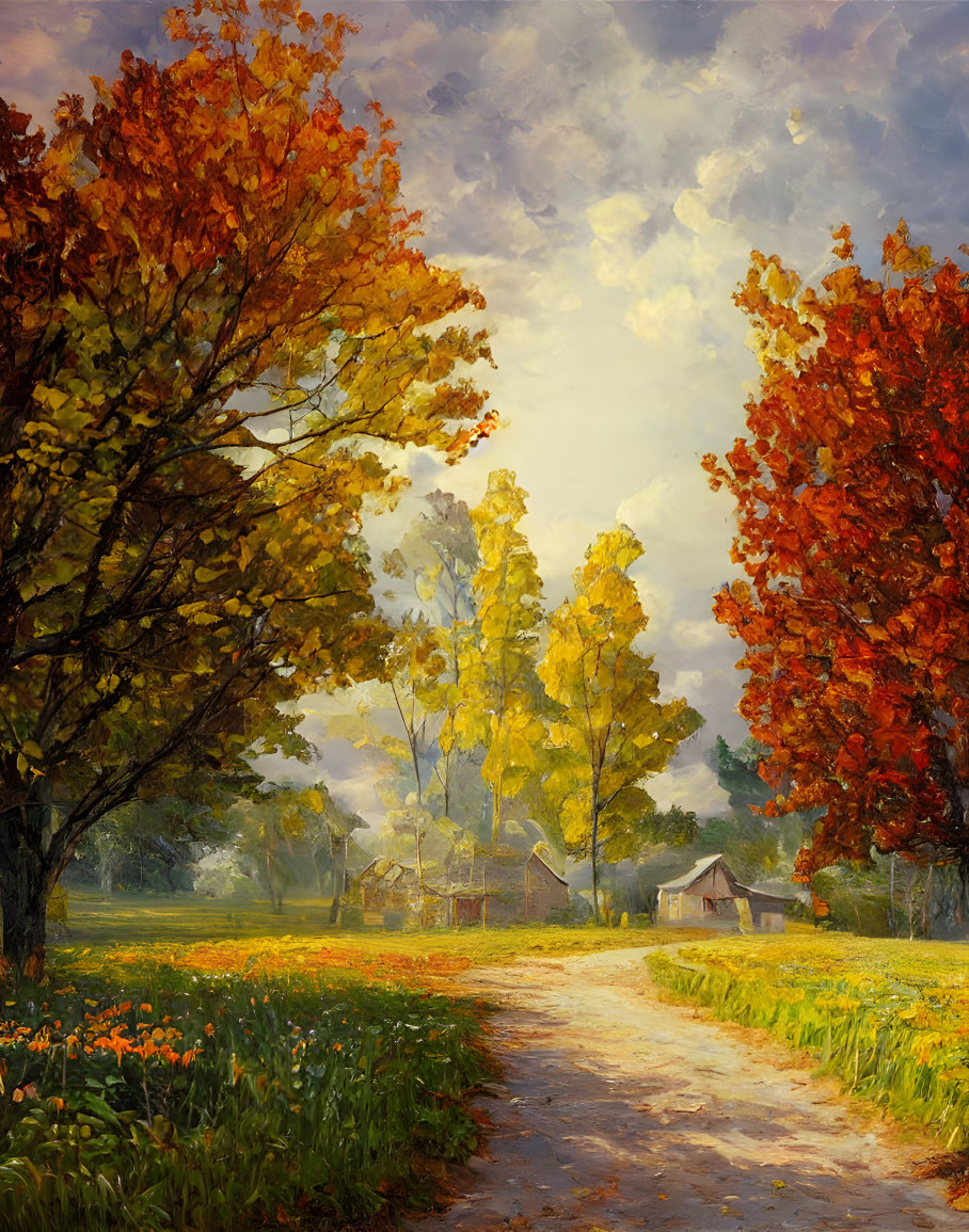 Tranquil autumn landscape with dirt path, cottage, vibrant foliage, and cloudy sky