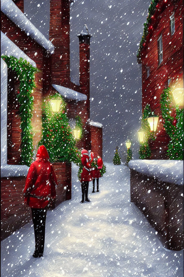 Snowy Evening Scene: Two People Walking Among Festive Red-Bricked Buildings