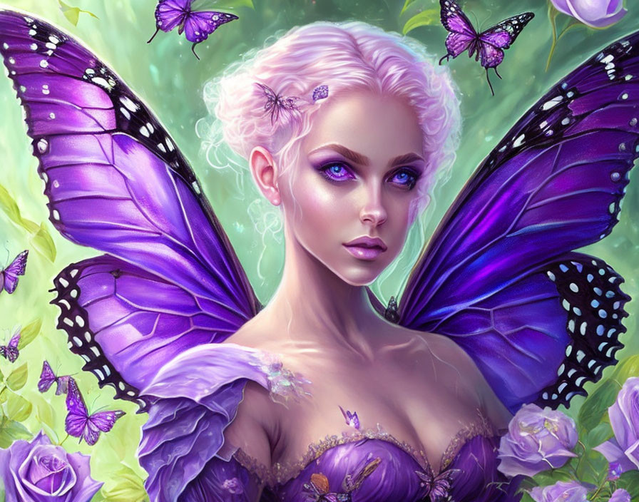 Fantasy illustration of woman with violet butterfly wings and roses.